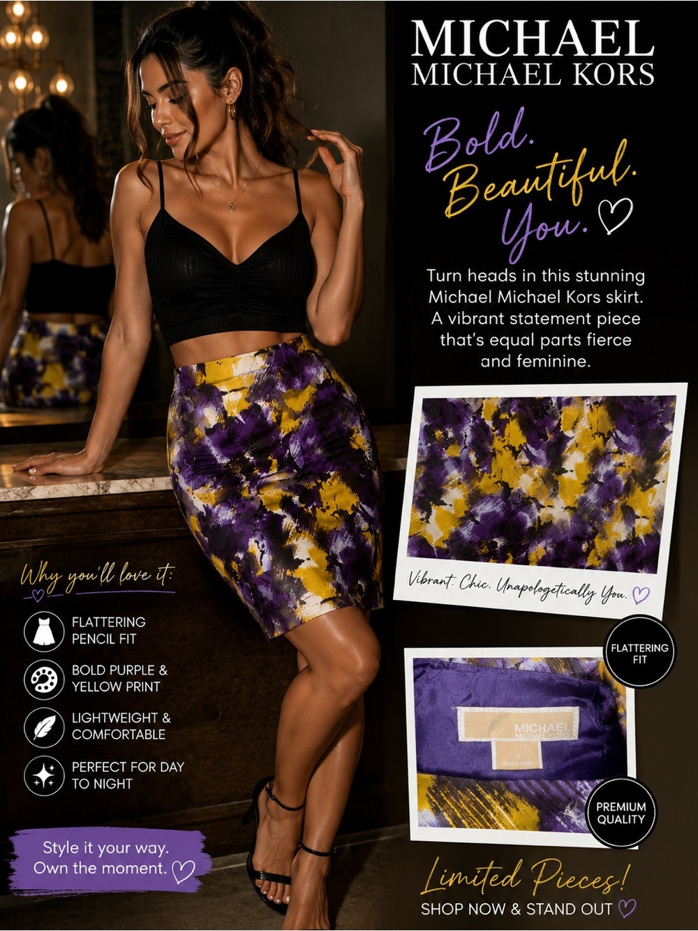 MICHAEL Michael Kors Purple and Yellow Abstract Print Pencil Skirt